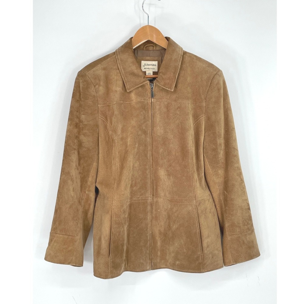 St Johns Bay Womens Jacket L Suede Brown Washable Zip Front Coat Western Country